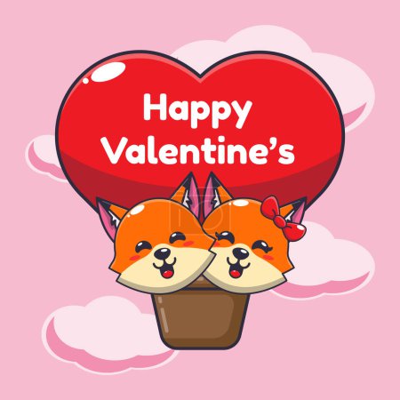 Illustration for Cute fox cartoon character fly with air balloon in valentine's day. - Royalty Free Image