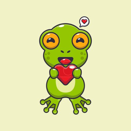 Téléchargez les illustrations : Mignon personnage de dessin animé grenouille tenant coeur d'amour. - en licence libre de droit