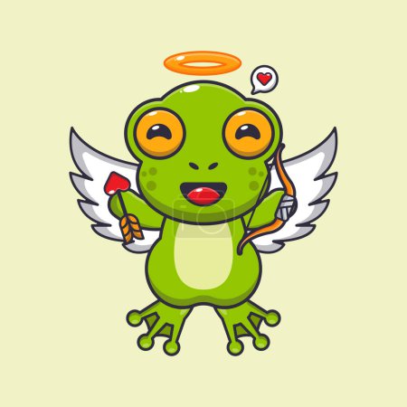 Téléchargez les illustrations : Mignonne grenouille Cupidon personnage de dessin animé tenant flèche d'amour. - en licence libre de droit