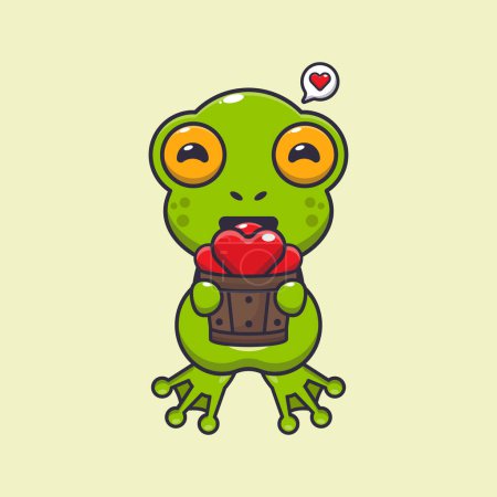 Illustration for Cute frog cartoon character holding love in wood bucket. - Royalty Free Image