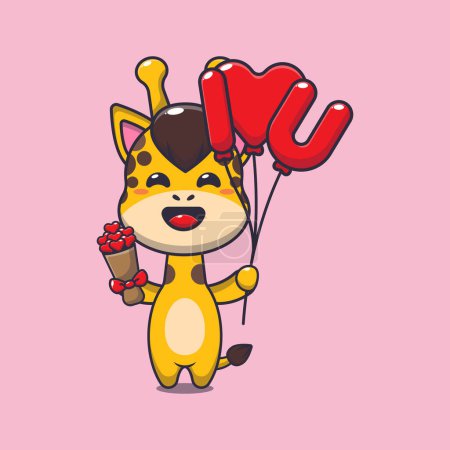 Téléchargez les illustrations : Mignon personnage girafe dessin animé tenant ballon d'amour et fleurs d'amour. - en licence libre de droit