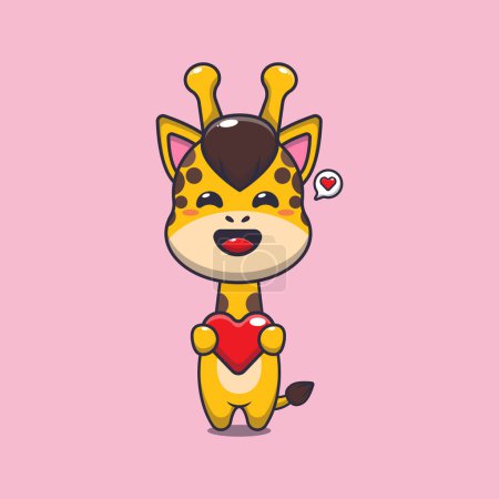 Ilustración de Lindo personaje de dibujos animados jirafa sosteniendo corazón de amor. - Imagen libre de derechos