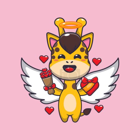 Téléchargez les illustrations : Mignon girafe Cupidon personnage de dessin animé tenant cadeau d'amour et bouquet d'amour. - en licence libre de droit