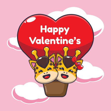 Ilustración de Lindo personaje de dibujos animados jirafa volar con globo de aire en el día de San Valentín. - Imagen libre de derechos