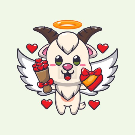 Téléchargez les illustrations : Mignon chèvre Cupidon personnage de dessin animé tenant cadeau d'amour et bouquet d'amour. - en licence libre de droit