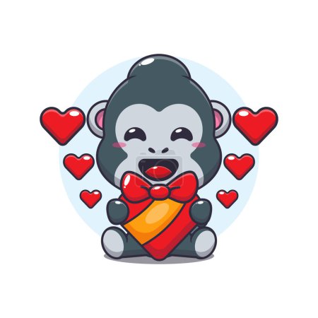 Ilustración de Lindo gorila feliz con el regalo de amor en el día de San Valentín. - Imagen libre de derechos