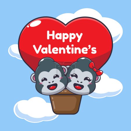 Illustration for Cute gorilla cartoon character fly with air balloon in valentine's day. - Royalty Free Image
