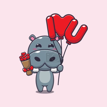 Téléchargez les illustrations : Mignon hippopotame personnage de dessin animé tenant ballon d'amour et fleurs d'amour. - en licence libre de droit