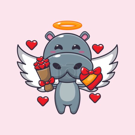 Téléchargez les illustrations : Mignon hippopotame Cupidon personnage de dessin animé tenant cadeau d'amour et bouquet d'amour. - en licence libre de droit