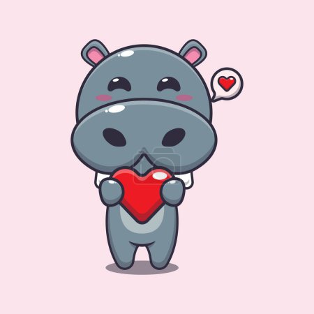 Téléchargez les illustrations : Mignon hippopotame personnage de dessin animé tenant coeur d'amour. - en licence libre de droit