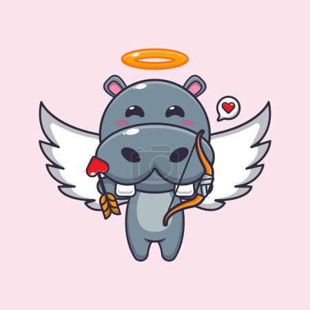 Téléchargez les illustrations : Mignon hippopotame Cupidon personnage de dessin animé tenant flèche d'amour. - en licence libre de droit