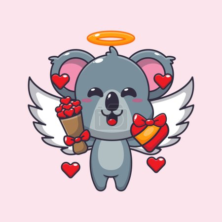 Téléchargez les illustrations : Mignon koala Cupidon personnage de dessin animé tenant cadeau d'amour et bouquet d'amour. - en licence libre de droit