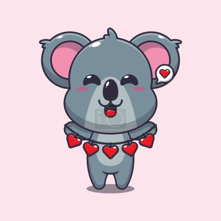 Téléchargez les illustrations : Mignon koala personnage de dessin animé tenant décoration d'amour. - en licence libre de droit