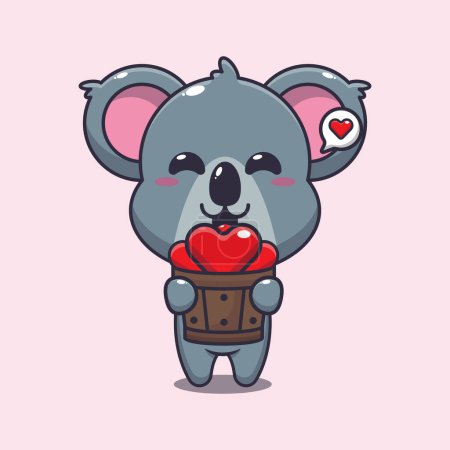 Illustration for Cute koala cartoon character holding love in wood bucket. - Royalty Free Image