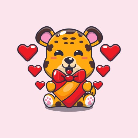 Téléchargez les illustrations : Mignon léopard heureux avec cadeau d'amour dans la Saint-Valentin. - en licence libre de droit