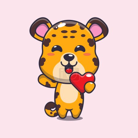 Téléchargez les illustrations : Mignon personnage de dessin animé léopard tenant coeur d'amour à la Saint-Valentin. - en licence libre de droit