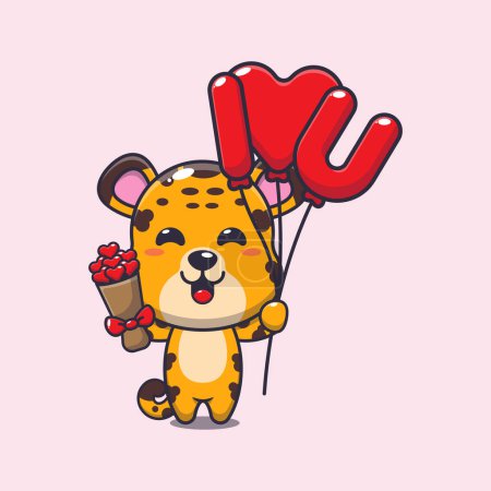Téléchargez les illustrations : Mignon personnage de dessin animé léopard tenant ballon d'amour et fleurs d'amour. - en licence libre de droit