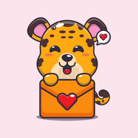 Téléchargez les illustrations : Mignon personnage de dessin animé léopard avec message d'amour. - en licence libre de droit