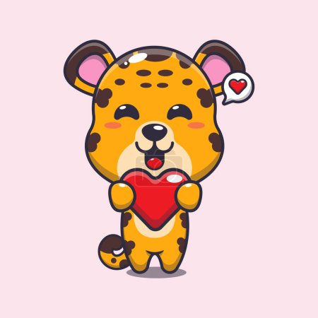 Téléchargez les illustrations : Mignon personnage de dessin animé léopard tenant coeur d'amour. - en licence libre de droit