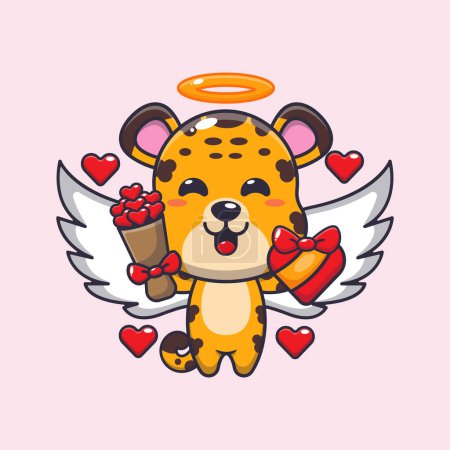 Téléchargez les illustrations : Mignon personnage de dessin animé léopard Cupidon tenant cadeau d'amour et bouquet d'amour. - en licence libre de droit