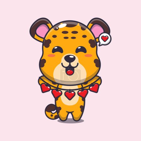 Téléchargez les illustrations : Mignon personnage de dessin animé léopard tenant décoration d'amour. - en licence libre de droit