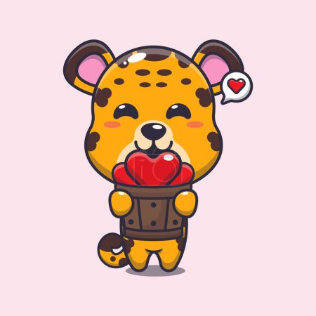 Ilustración de Lindo personaje de dibujos animados de leopardo sosteniendo el amor en cubo de madera. - Imagen libre de derechos