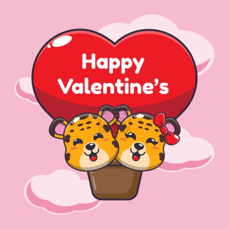 Téléchargez les illustrations : Mignon personnage de dessin animé léopard voler avec ballon d'air dans la Saint-Valentin. - en licence libre de droit