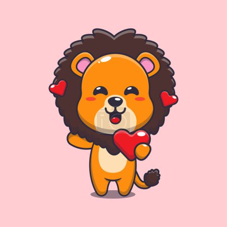 Ilustración de Lindo personaje de dibujos animados de león sosteniendo el corazón de amor en el día de San Valentín. - Imagen libre de derechos