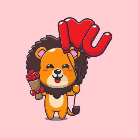 Téléchargez les illustrations : Mignon personnage de dessin animé lion tenant ballon d'amour et fleurs d'amour. - en licence libre de droit