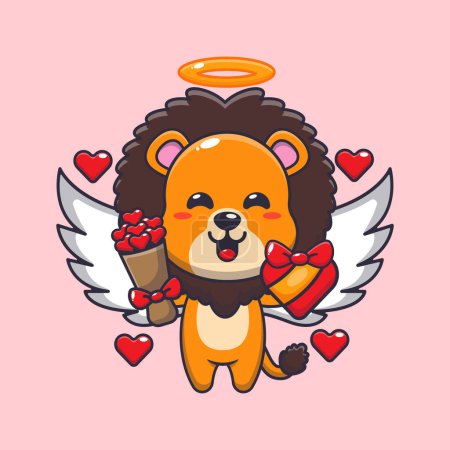 Ilustración de Lindo personaje de dibujos animados de león Cupido con regalo de amor y ramo de amor. - Imagen libre de derechos