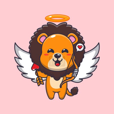 Téléchargez les illustrations : Mignon lion Cupidon personnage de dessin animé tenant flèche d'amour. - en licence libre de droit