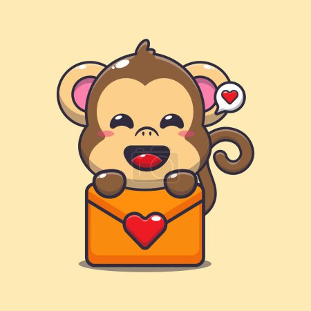 Ilustración de Lindo personaje de dibujos animados mono con mensaje de amor. - Imagen libre de derechos