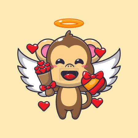 Téléchargez les illustrations : Mignon singe Cupidon personnage de dessin animé tenant cadeau d'amour et bouquet d'amour. - en licence libre de droit