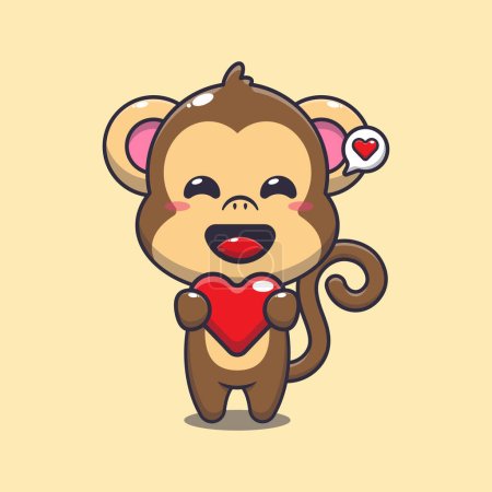 Téléchargez les illustrations : Mignon singe personnage de dessin animé tenant coeur d'amour. - en licence libre de droit
