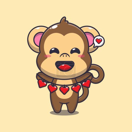 Ilustración de Lindo mono personaje de dibujos animados que sostiene la decoración del amor. - Imagen libre de derechos