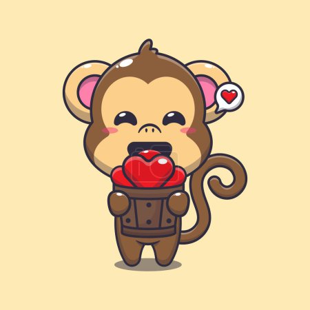 Illustration for Cute monkey cartoon character holding love in wood bucket. - Royalty Free Image