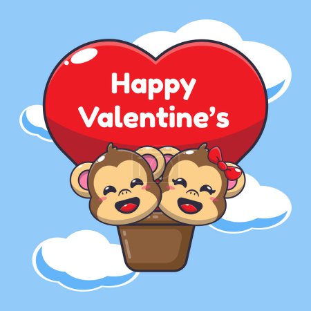 Téléchargez les illustrations : Mignon personnage de dessin animé singe voler avec ballon d'air dans la Saint-Valentin. - en licence libre de droit