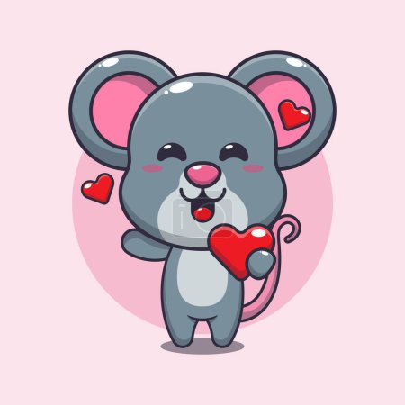 Ilustración de Lindo personaje de dibujos animados de ratón sosteniendo el corazón de amor en el día de San Valentín. - Imagen libre de derechos
