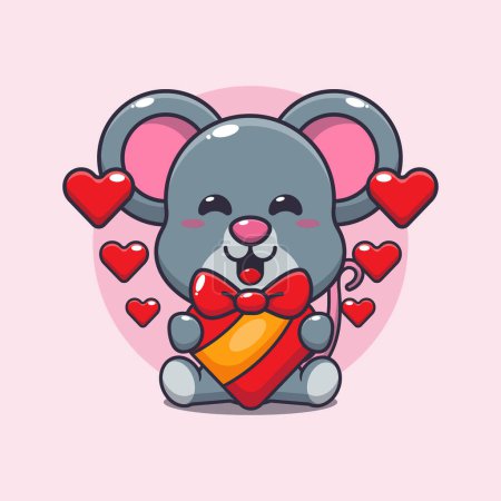 Téléchargez les illustrations : Mignonne souris heureuse avec cadeau d'amour dans la Saint-Valentin. - en licence libre de droit