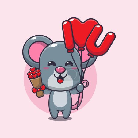 Téléchargez les illustrations : Mignon personnage de dessin animé de souris tenant ballon d'amour et fleurs d'amour. - en licence libre de droit