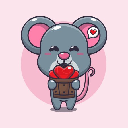Illustration for Cute mouse cartoon character holding love in wood bucket. - Royalty Free Image