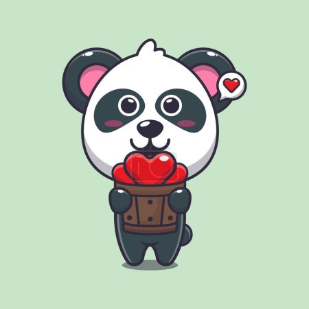 Téléchargez les illustrations : Mignon panda personnage de dessin animé tenant l'amour dans un seau en bois. - en licence libre de droit