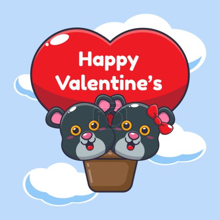 Illustration for Cute panther cartoon character fly with air balloon in valentine's day. - Royalty Free Image