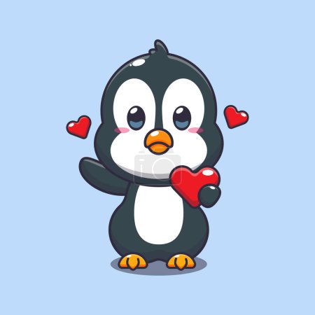Ilustración de Lindo personaje de dibujos animados pingüino sosteniendo el corazón de amor en el día de San Valentín. - Imagen libre de derechos