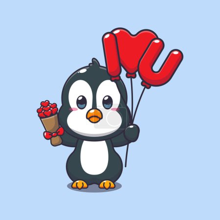 Téléchargez les illustrations : Mignon personnage de dessin animé pingouin tenant ballon d'amour et fleurs d'amour. - en licence libre de droit