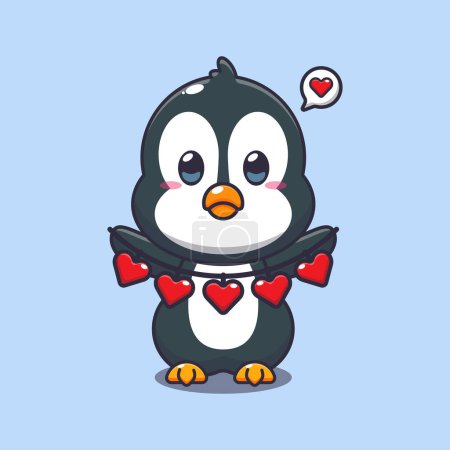 Téléchargez les illustrations : Mignon personnage de dessin animé pingouin tenant décoration amour. - en licence libre de droit