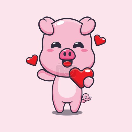 Illustration for Cute pig cartoon character holding love heart at valentine's day. - Royalty Free Image