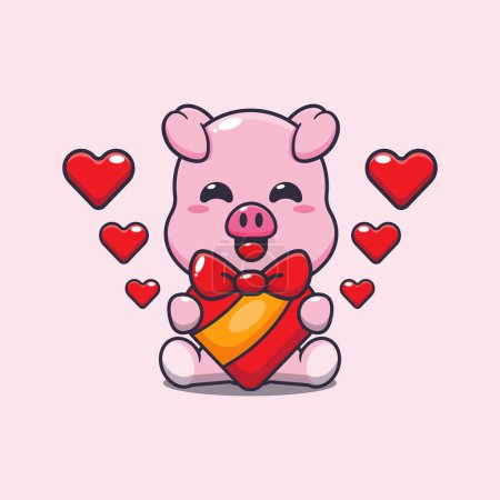 Ilustración de Lindo cerdo feliz con el regalo de amor en el día de San Valentín. - Imagen libre de derechos