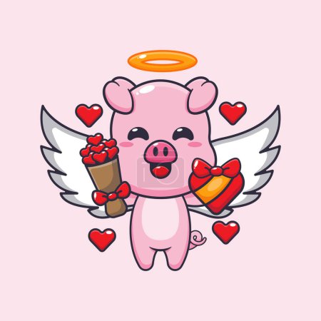 Téléchargez les illustrations : Mignon porc Cupidon personnage de dessin animé tenant cadeau d'amour et bouquet d'amour. - en licence libre de droit