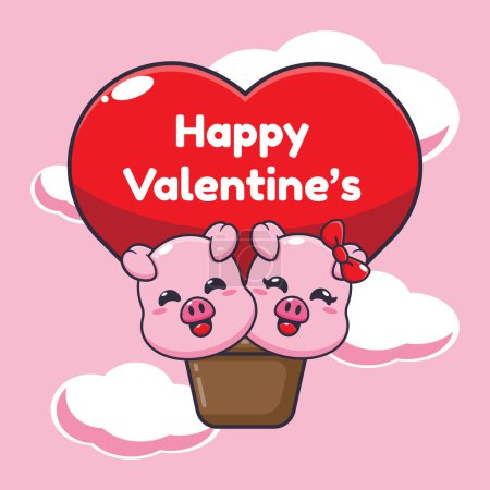 Ilustración de Lindo personaje de dibujos animados cerdo volar con globo de aire en el día de San Valentín. - Imagen libre de derechos